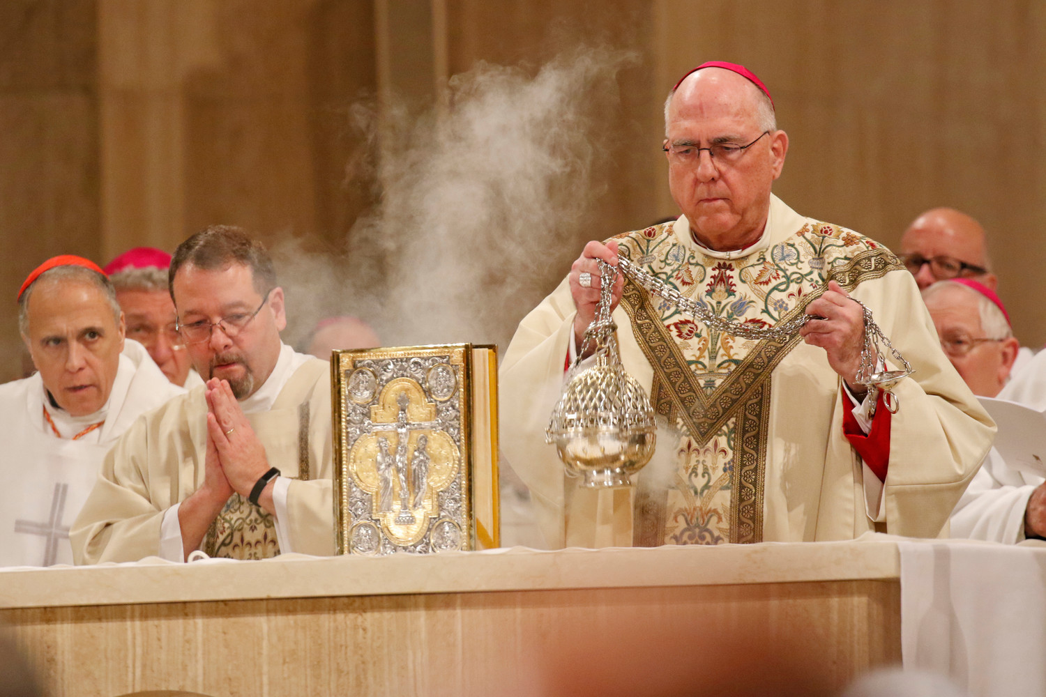 Archbishop Joseph F. Naumann of Kansas City, Kan., chairman of the U.S. bishops’ Committee on Pro-Life Activities, uses a censer while serving as the principal celebrant of the opening Mass of the National Prayer Vigil for Life Jan. 17 at the Basilica of the National Shrine of the Immaculate Conception in Washington.